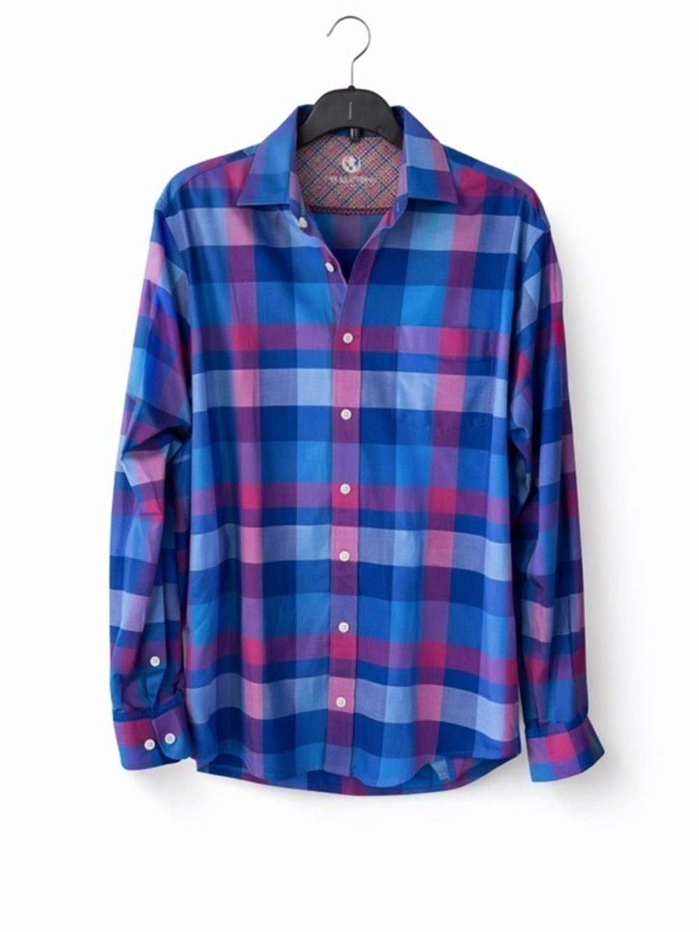 Bugatchi Uomo Shaped Fit Blue Pink Plaid Cotton Button Down Shirt Men’s Medium